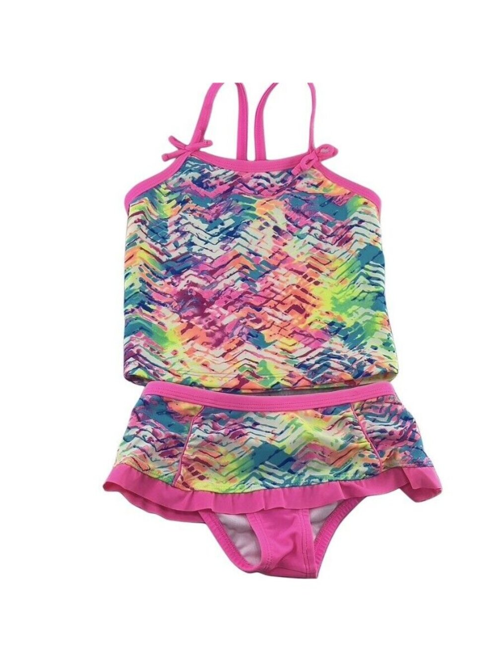 Laguna Girls Multicolor Tiered Tankini Swimsuit Size 5 Neon Chevron Print Adjust - Picture 3 of 7